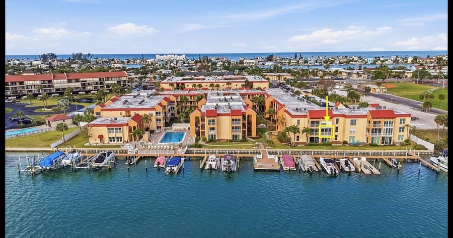 Located in the highlighted building, this second-floor condo overlooks the Intracoastal Waterway.