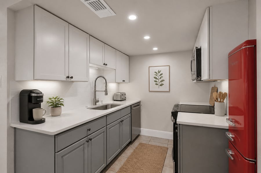 Fully furnished kitchen with Kuerig coffee maker and toaster