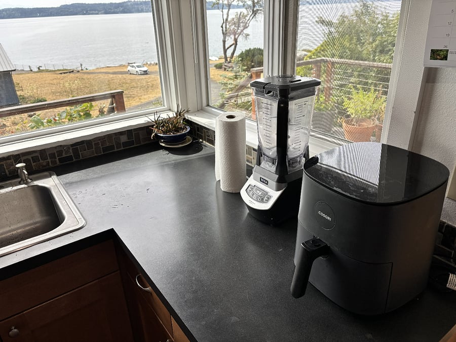 Blender, air fryer, and view. 
