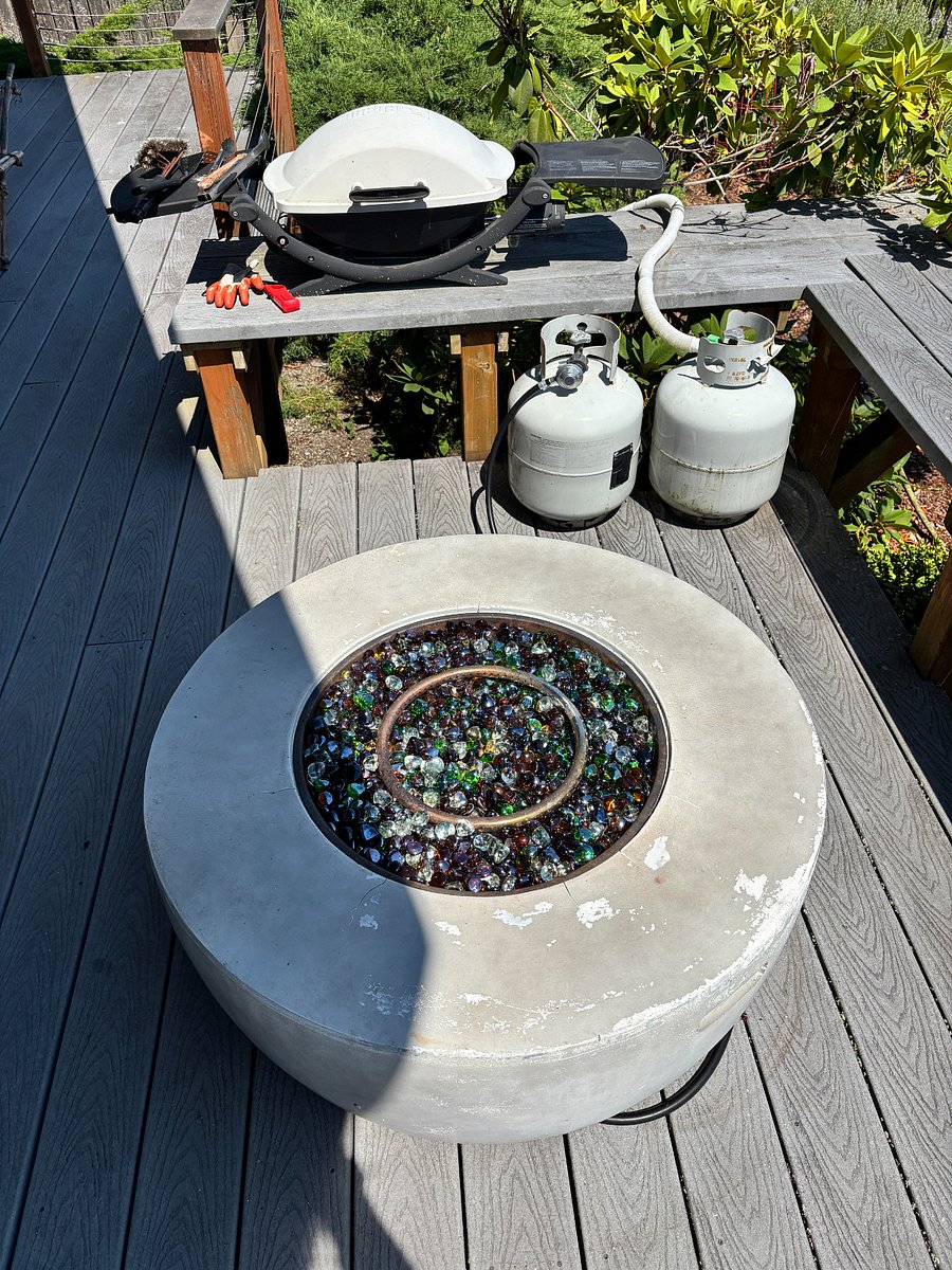 Deck propane fire pit, and separate gas grill for outdoor cooking (not pictured).  
