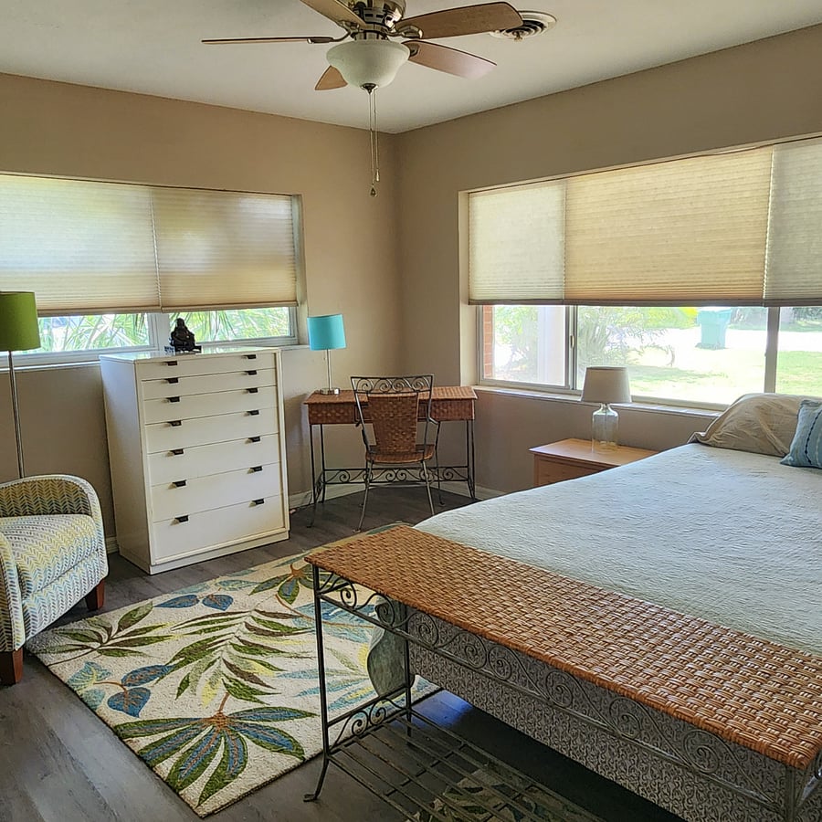 peaceful bedroom with very comfortable queen bed