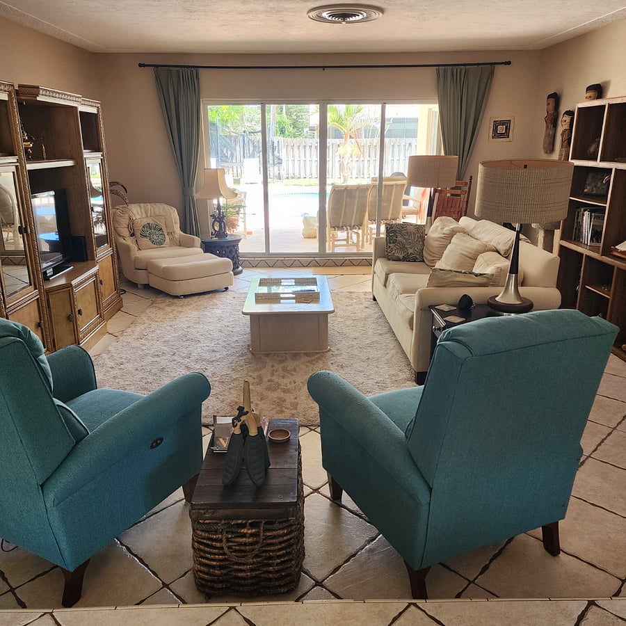 living room looking out toward pool