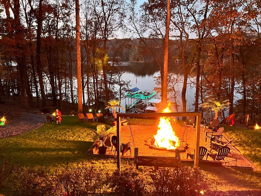 Oversized firepit overlooking the lake.