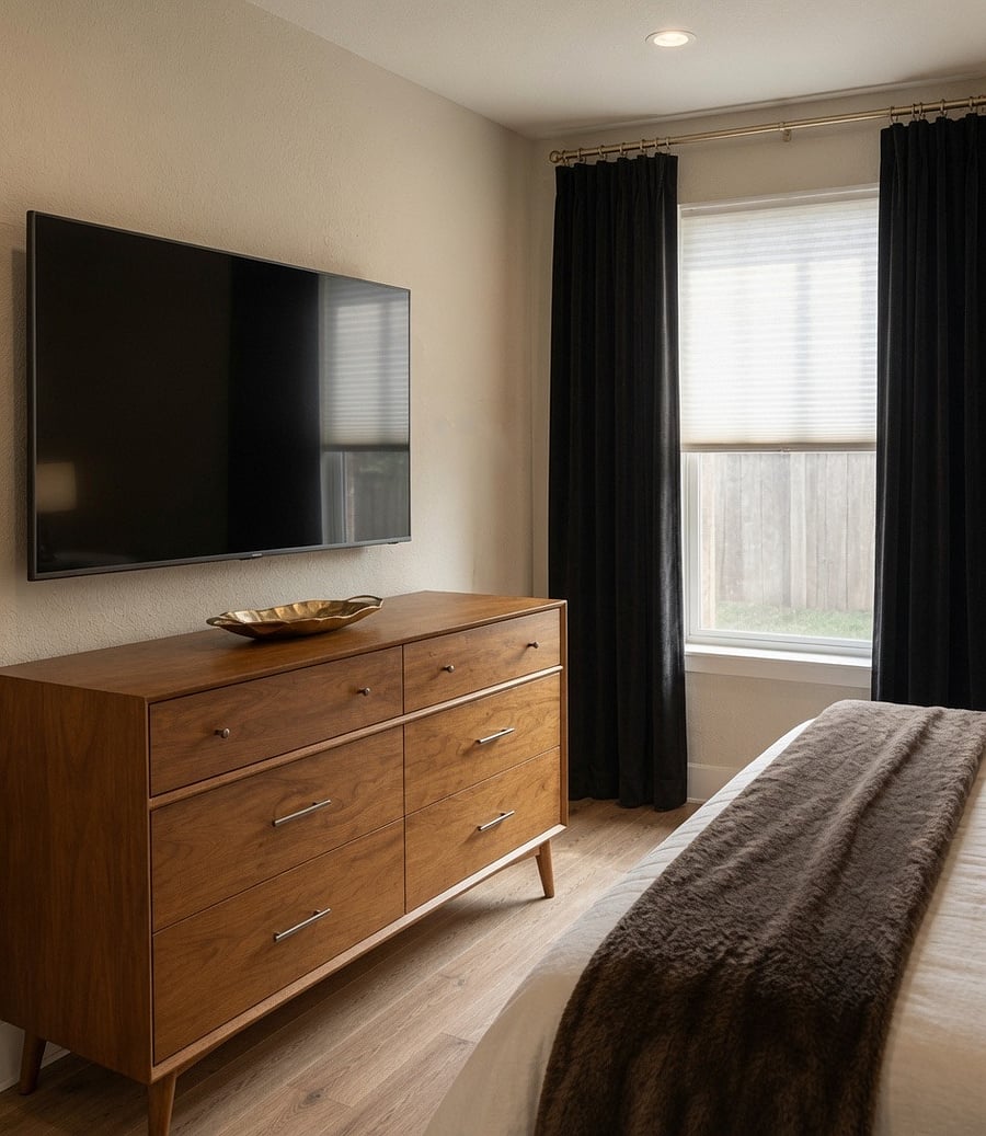 Relax with a 55-inch Smart TV, warm mid-century modern dresser and velvet black out curtains with views of the private turf yard