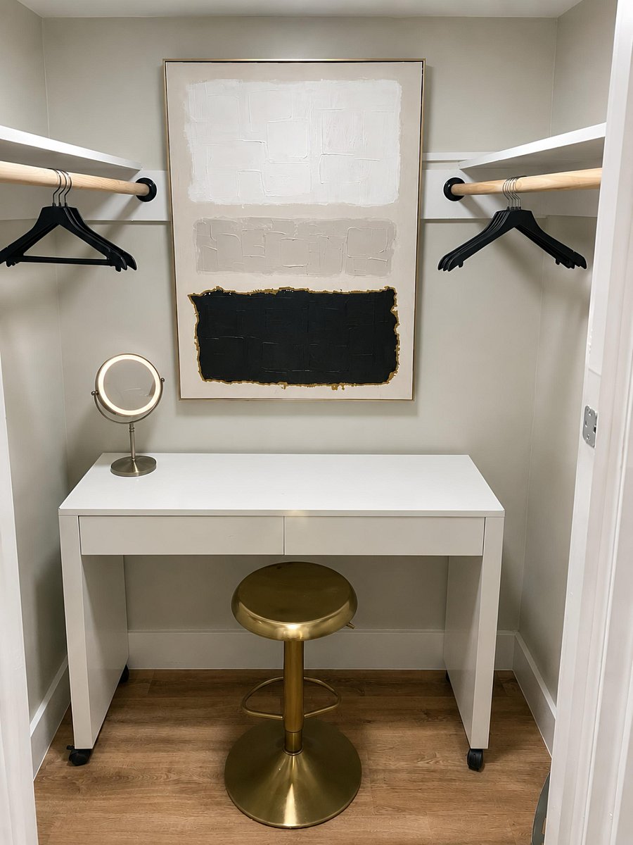 Oversized walk-in closet with a sit down makeup vanity and full length wardrobe and shoe storage for two