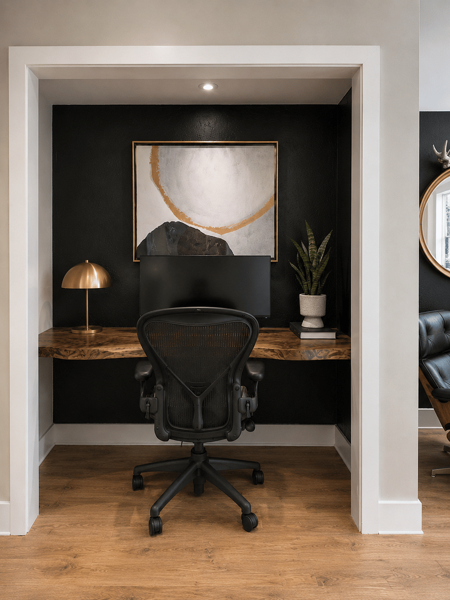 Custom built-in office with live edge desk, ultrawide monitor, and Herman Miller executive chair paired with fast reliable wifi