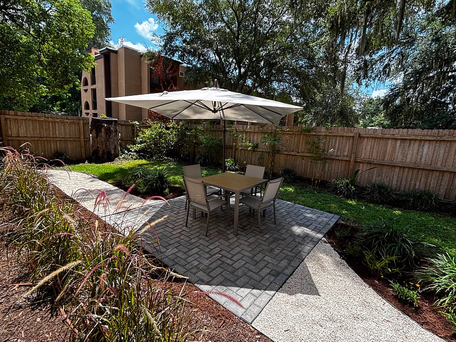 Private fenced backyard