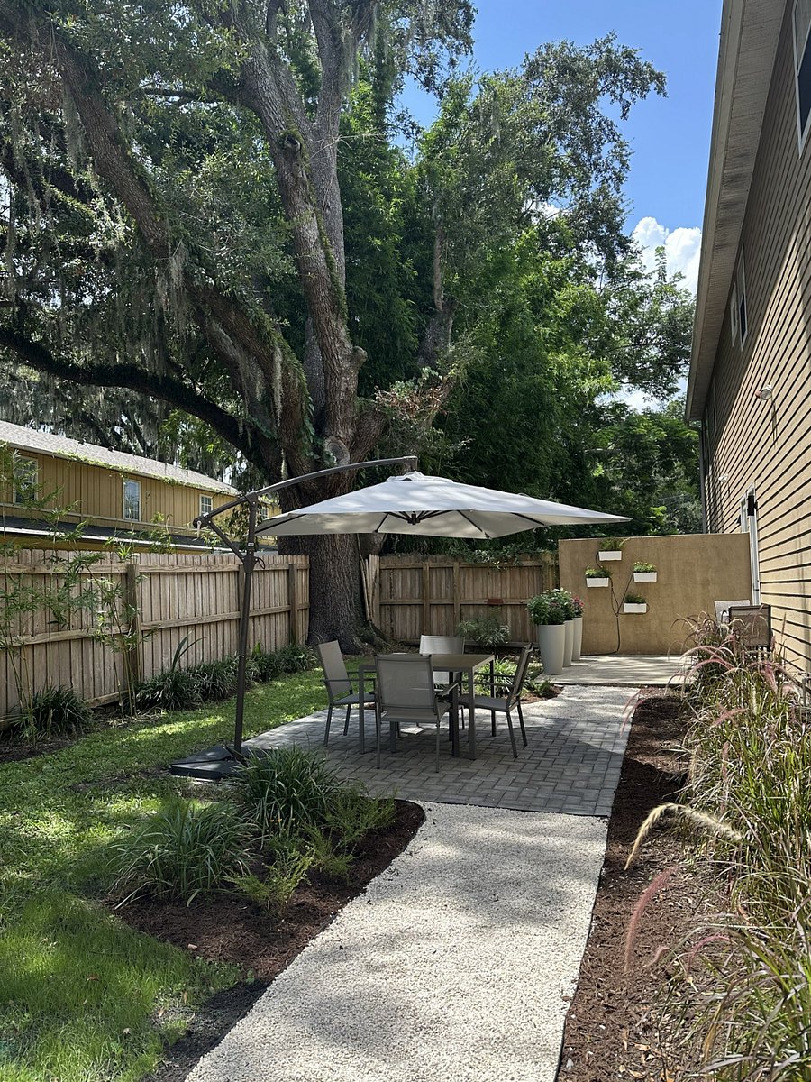 Private fenced backyard