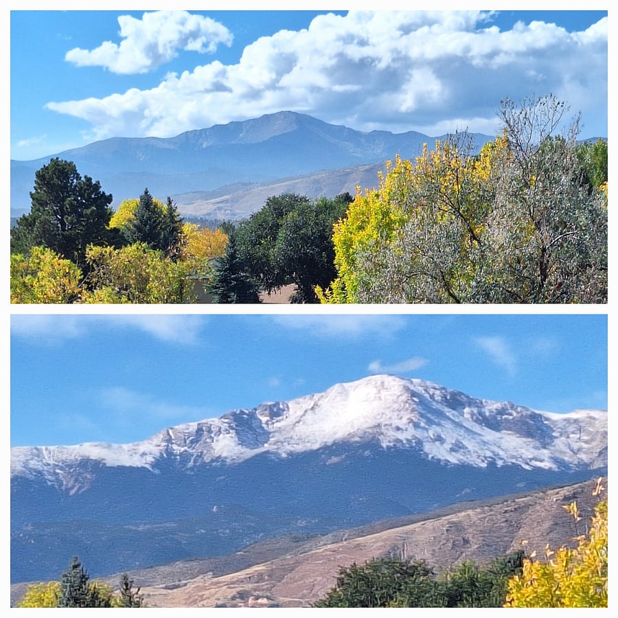 View of Pikes Peak, with and without snow, from our deck