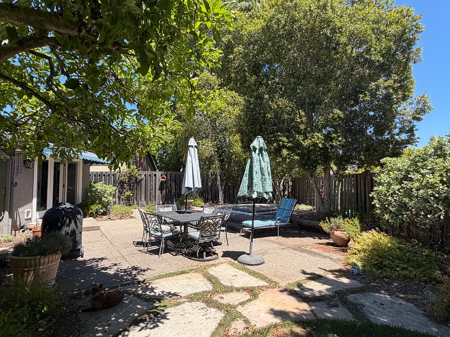 Backyard with lawn furniture and grill.