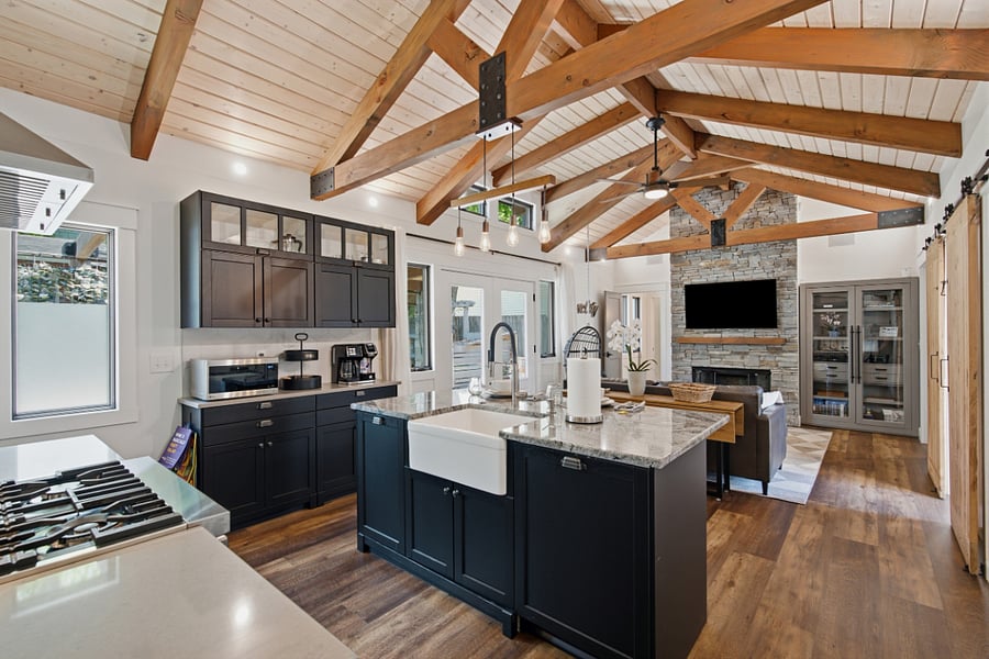 FL1: Open concept kitchen, apron sink, disposal, Bosch dishwasher