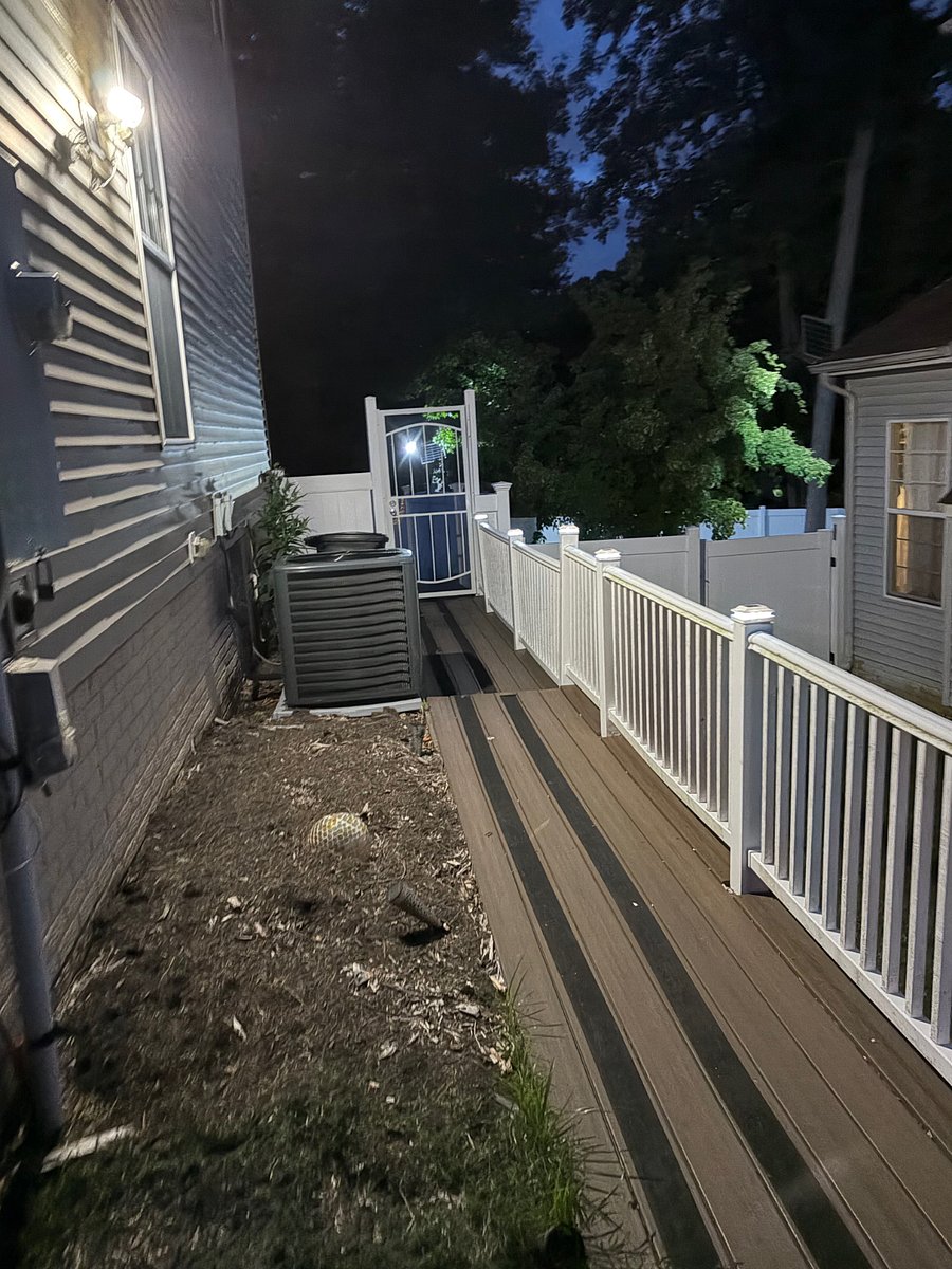 Walkway illuminates at night - Floodlight with sensor; can see yard before entering secured gate
