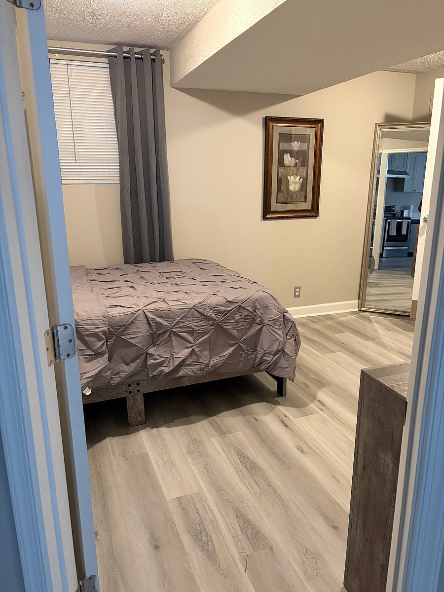 Full Size Bedroom; full length mirror; blackout curtains, night stand; dresser; lamp; clock with alarm; FireTV; 