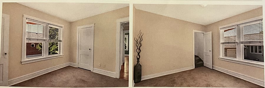 One of two bedrooms on main floor. All new windows, original hardwood and closet two privacy doors, one leading to the hallway and bathroom and one leading to the finished upstairs attic.