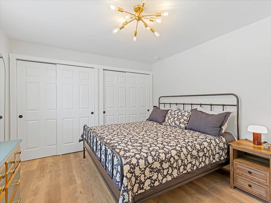 Master Bedroom, New king memory foam bed. Crate and Barrell bedding. New closet doors and trim. 
