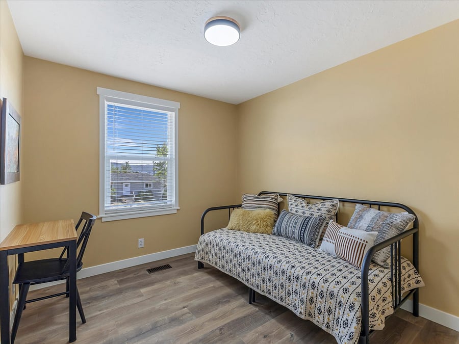 Office/chill out room with storage shelves in closet