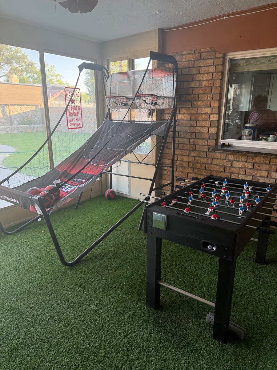 Adult sized foosball and basketball hoops 