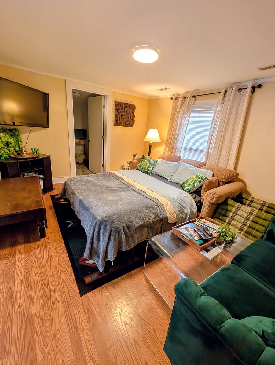 The living room couch folds out to accomodate guests. (Full)