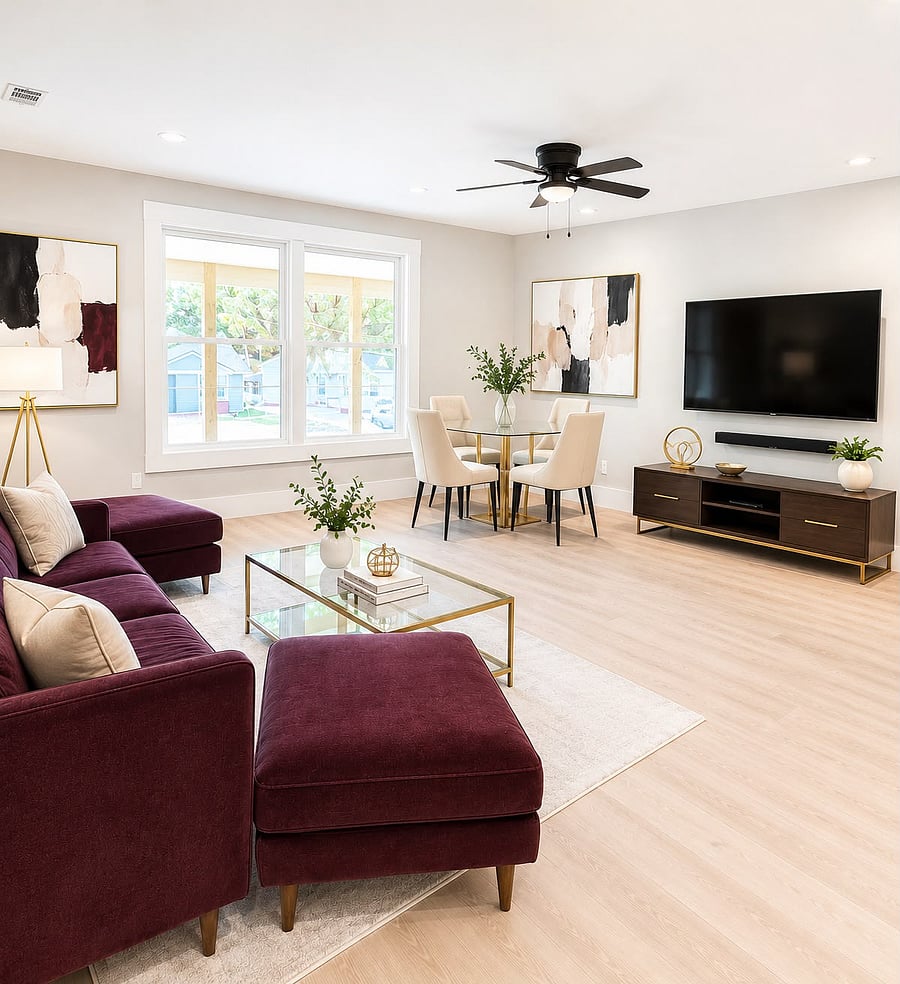 Wall-mounted TV, soft seating, and natural light the kind of common space that makes a house feel like home.