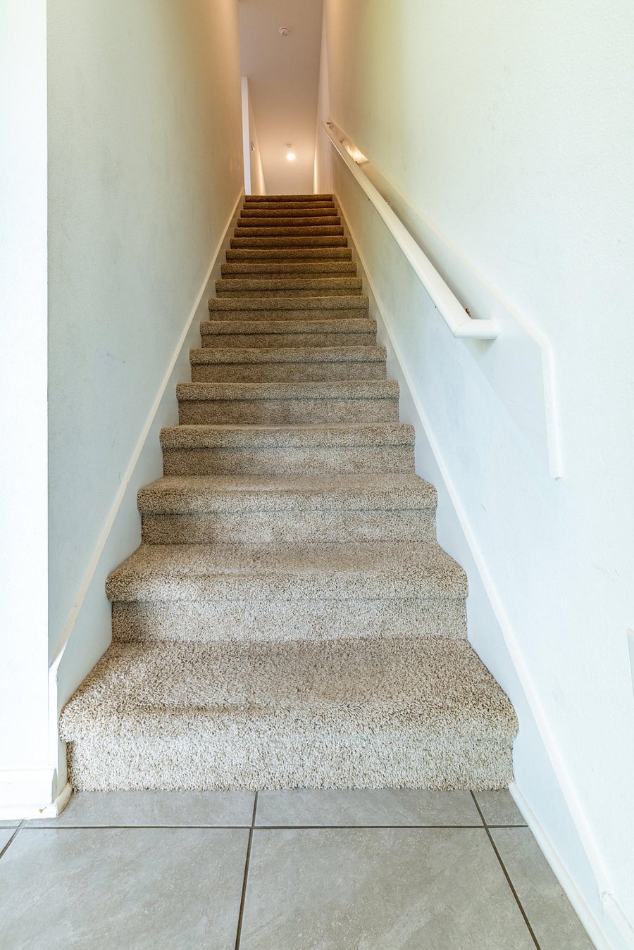 Carpeted staircase with modern handrail