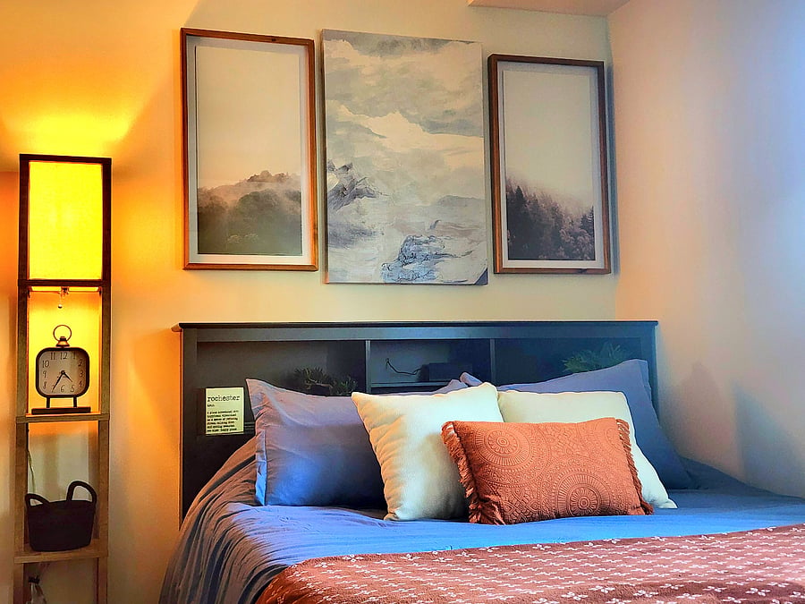 Queen bed, includes sound machine + black-out curtains for added comfort!