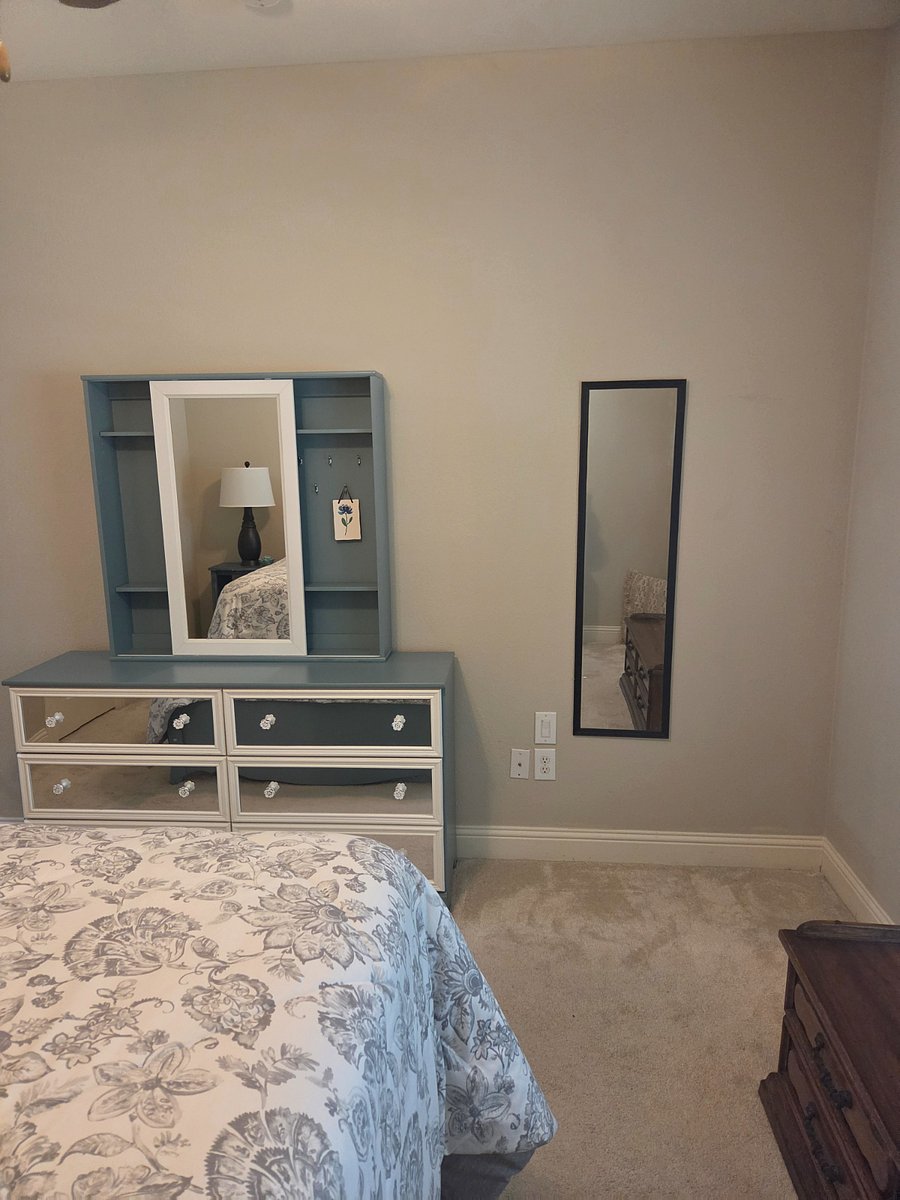 Six Drawer Dresser with Mirror and full length mirror on wall.