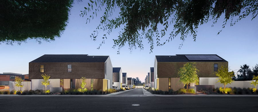 Community Entry View: An intimate 11-home modern infill community designed for privacy, architectural presence, and lock-and-leave convenience in the heart of Central Phoenix.