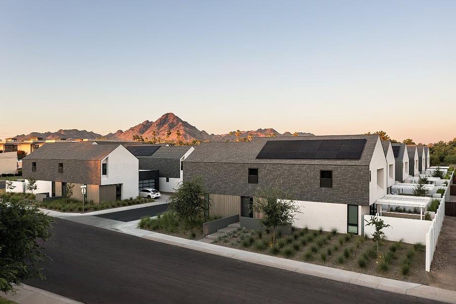 Aerial Community View / Piestewa Peak:: KARMAs 11 modern homes form a rare boutique infill community with Camelback Mountain views, sustainable infrastructure, and strong Central Phoenix access.