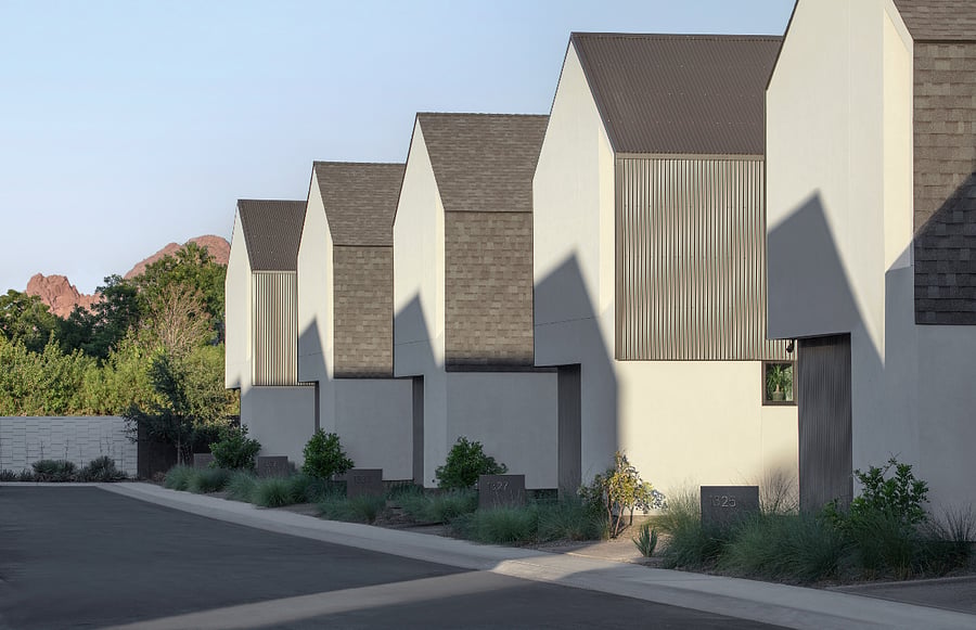 Clean Architectural Forms / Camelback View: A thoughtfully composed modern community with sculptural rooflines, private residences, and views toward Camelback Mountain.