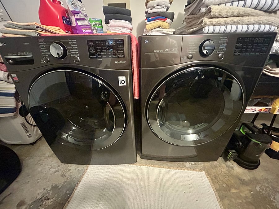 Washer and dryer in garage.