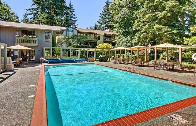 The seasonal community pool is a wonderful place to cool off, relax, or enjoy a swim during the summer months. The adjoining clubhouse also includes a sauna for residents.