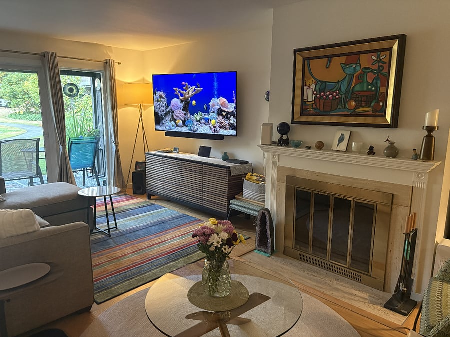 On cool evenings, the wood-burning fireplace adds a cozy touch to the living room. Two complimentary Duraflame logs are provided as a welcome amenity. If you'd like to enjoy additional fires, logs are available for $5 each, or you're welcome to purchase your own.