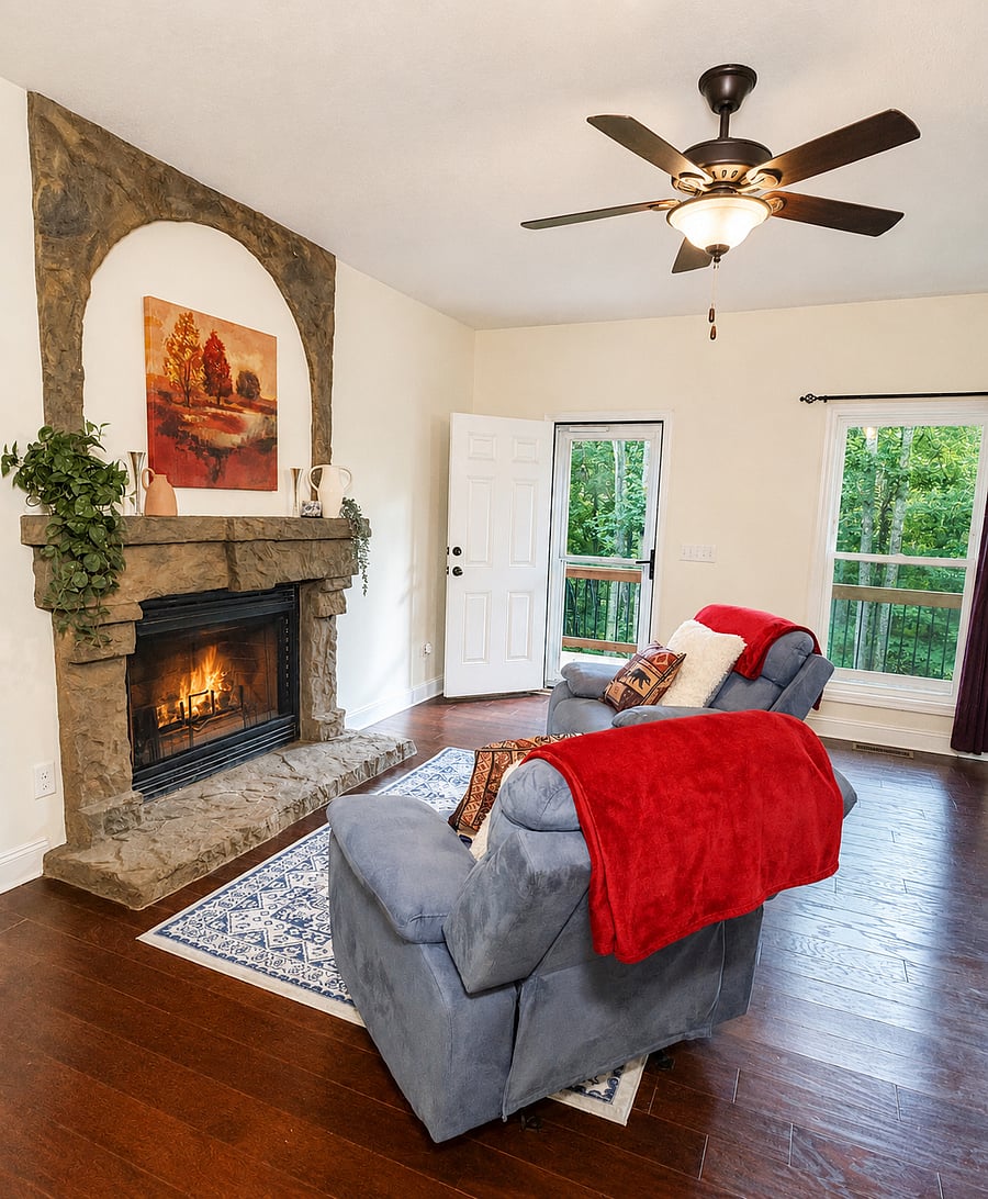 Living Room w/ Fireplace - leads to back deck