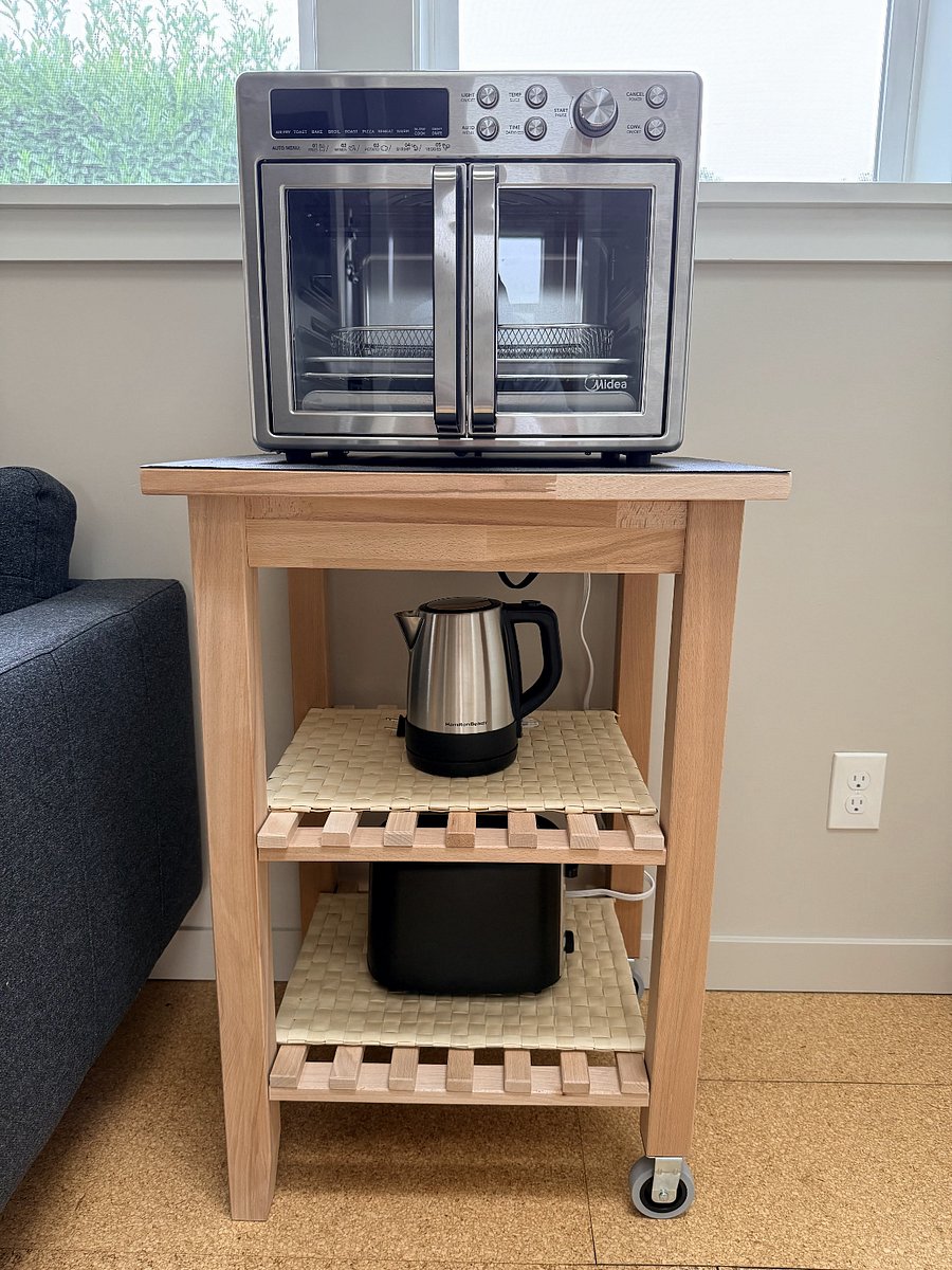 Kitchen cart with amenities: convection oven w/air fryer, toaster, electric kettle.