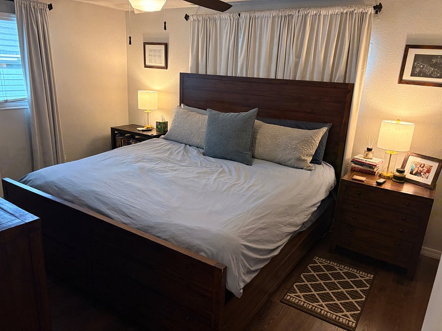 Master bedroom, king size bed with nightstands with USB and C type built in chargers. 