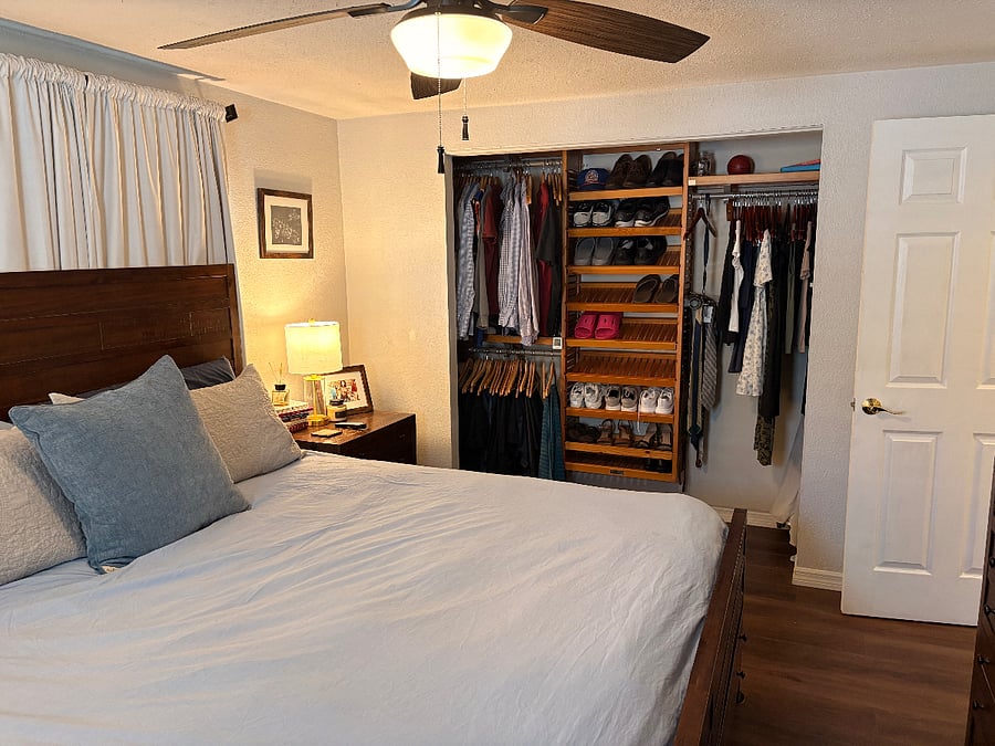 Closest organizer fits two with shoe rack.