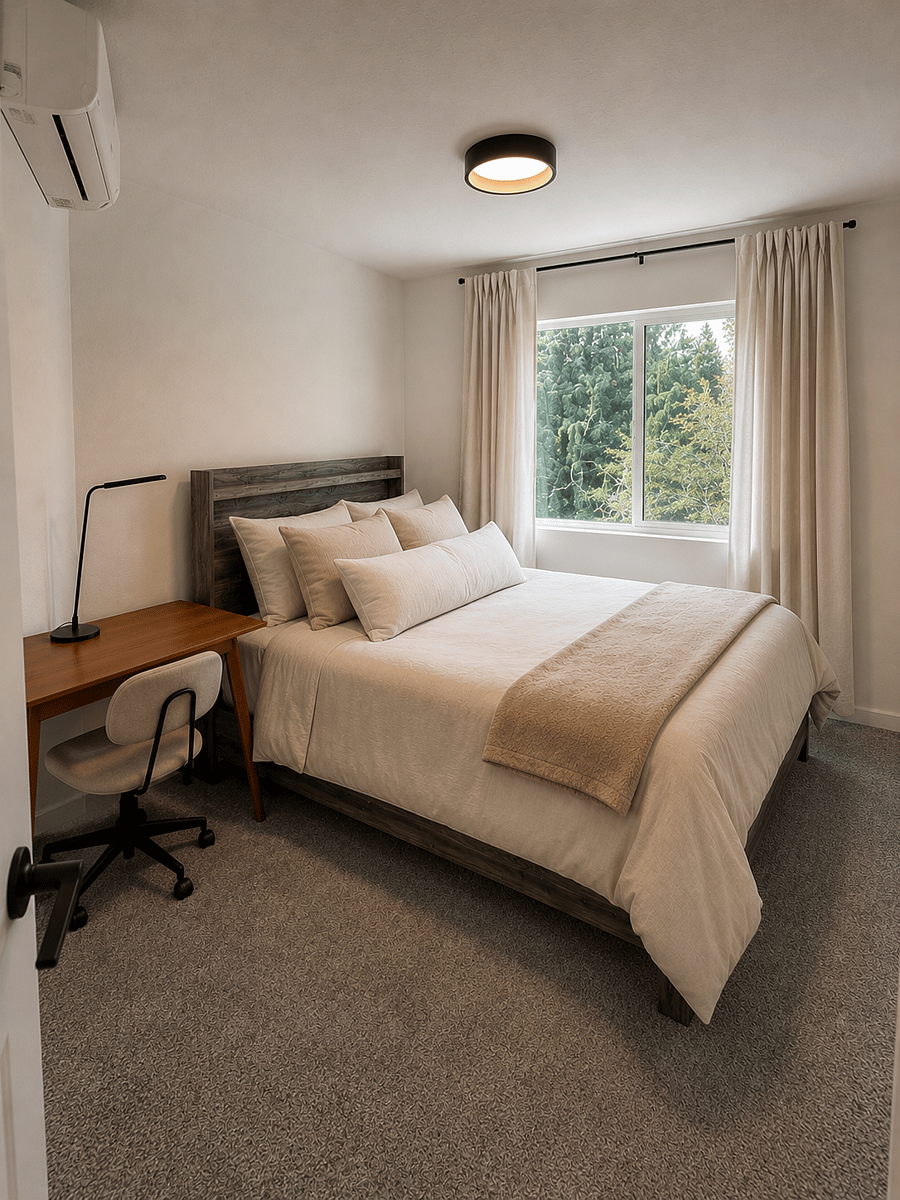 Bedroom B: luxury bedding, blackout curtains, closet, desk and table lamp