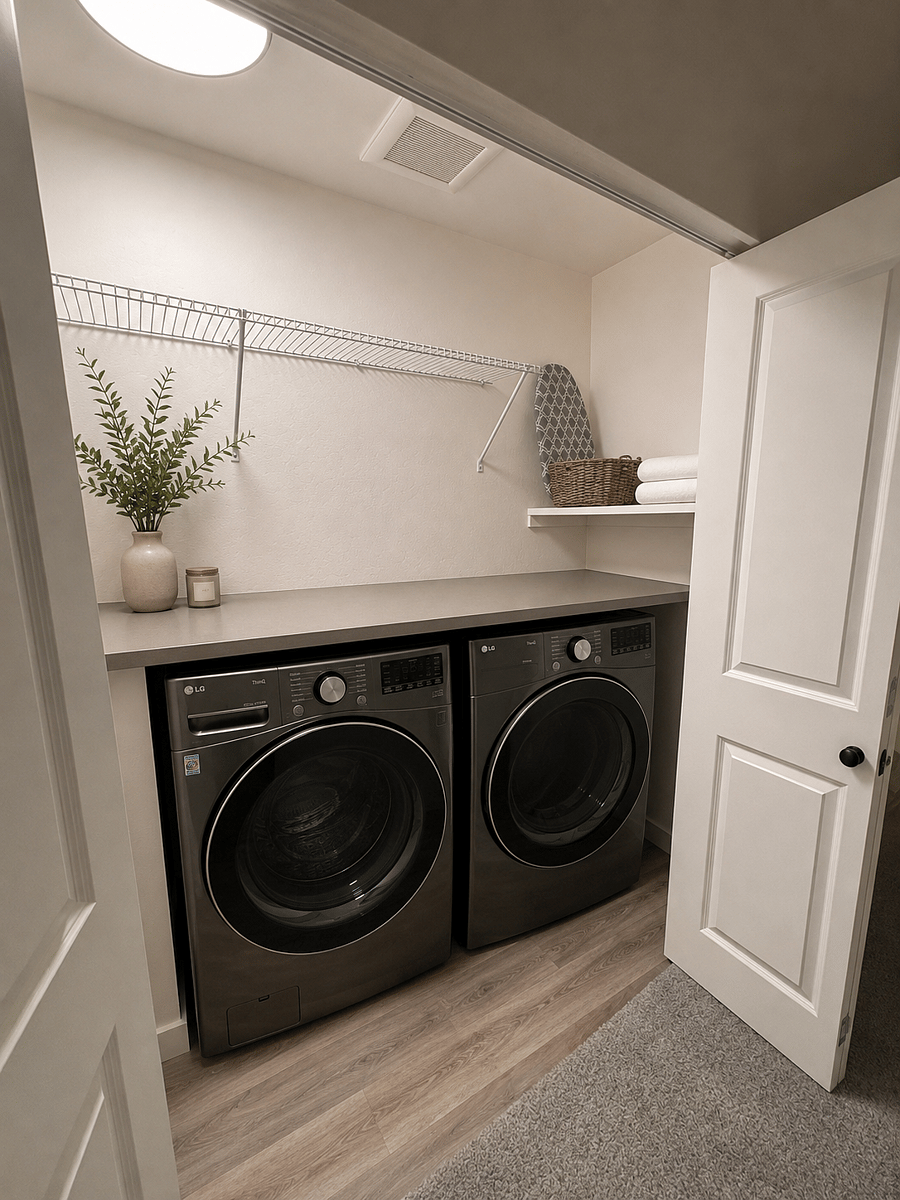 Spascios laundry closet with automatic lights and fan. Front loading upstairs washer & dryer, ironing board, drying rack. 