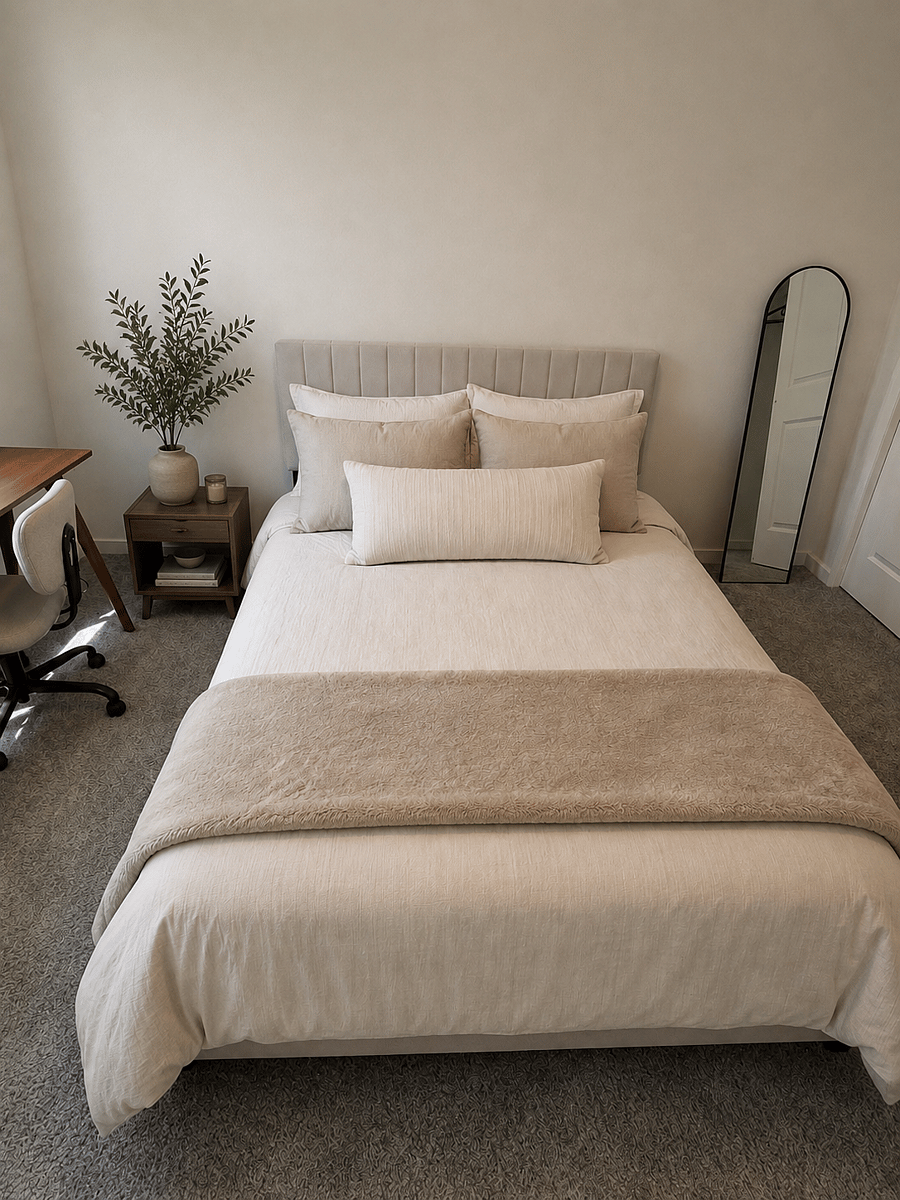 Bedroom C: luxury bedding, Blackout curtains, closet, desk and table lamp