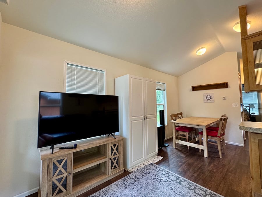 Living room with 55in smart tv and storage cupboard