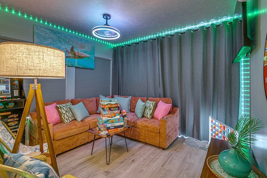 game room with blackout curtains