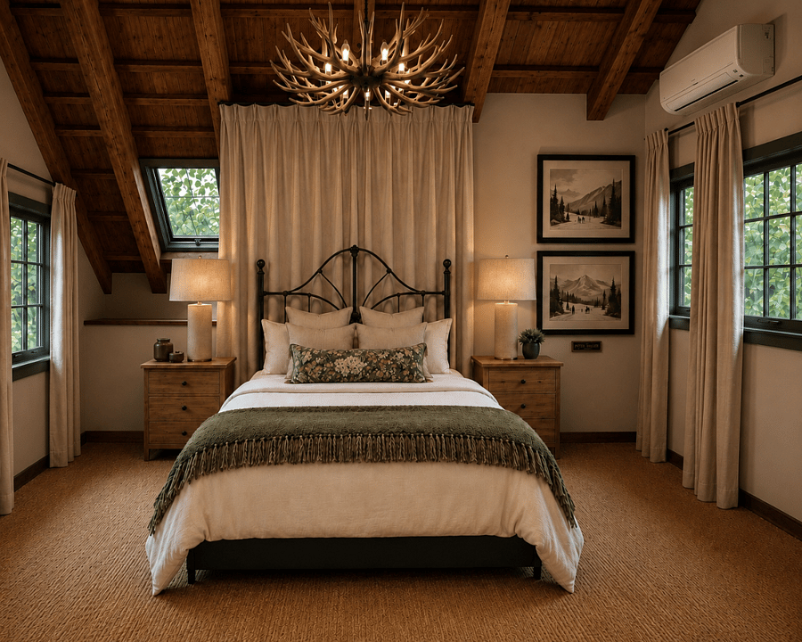 Queen bed upstairs with mountain views, adjacent full bath 
