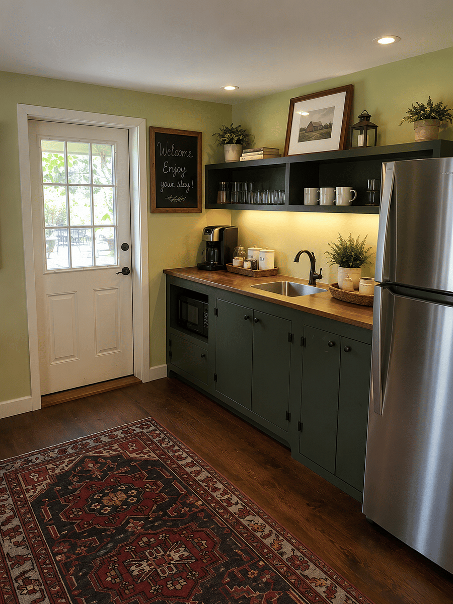 Well equipped kitchenette with full size regrigerator, microwave, sink, coffee and tea setup. 