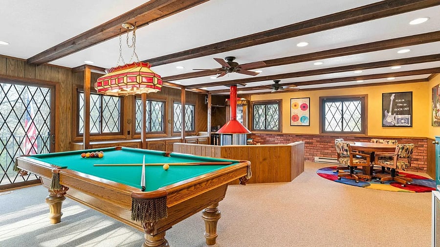 Poker table, fire place and darts