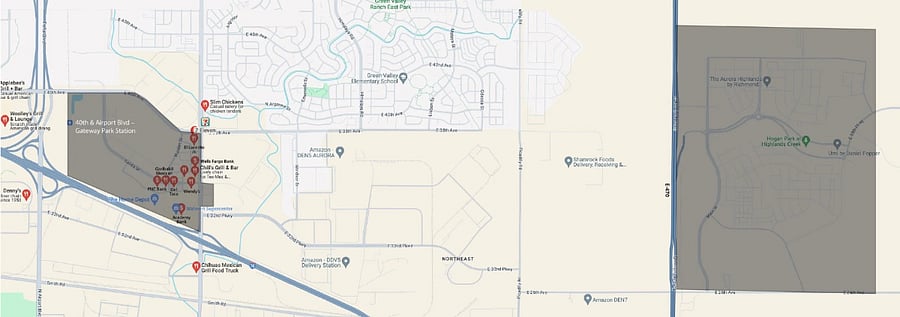Where the neighborhood shuttle, AERO, will take you for free including the train station that will take to anywhere from the DIA airport to downtown Denver (part 1).
