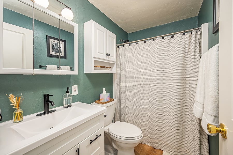 Mirror above the sink is a storage unit. There is additional storage above the toilet and beneath the sink in the vanity.