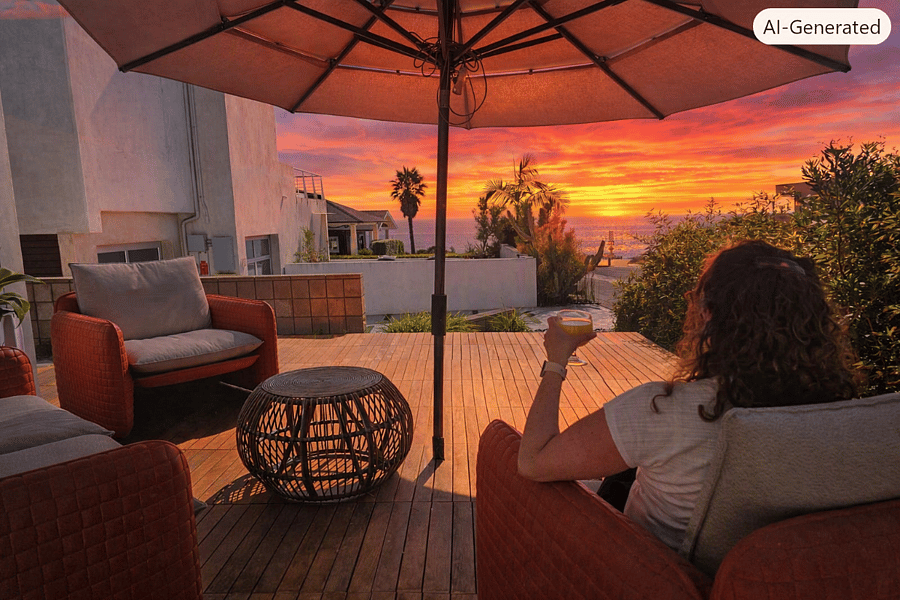 Deck located next to the living room, with ocean views