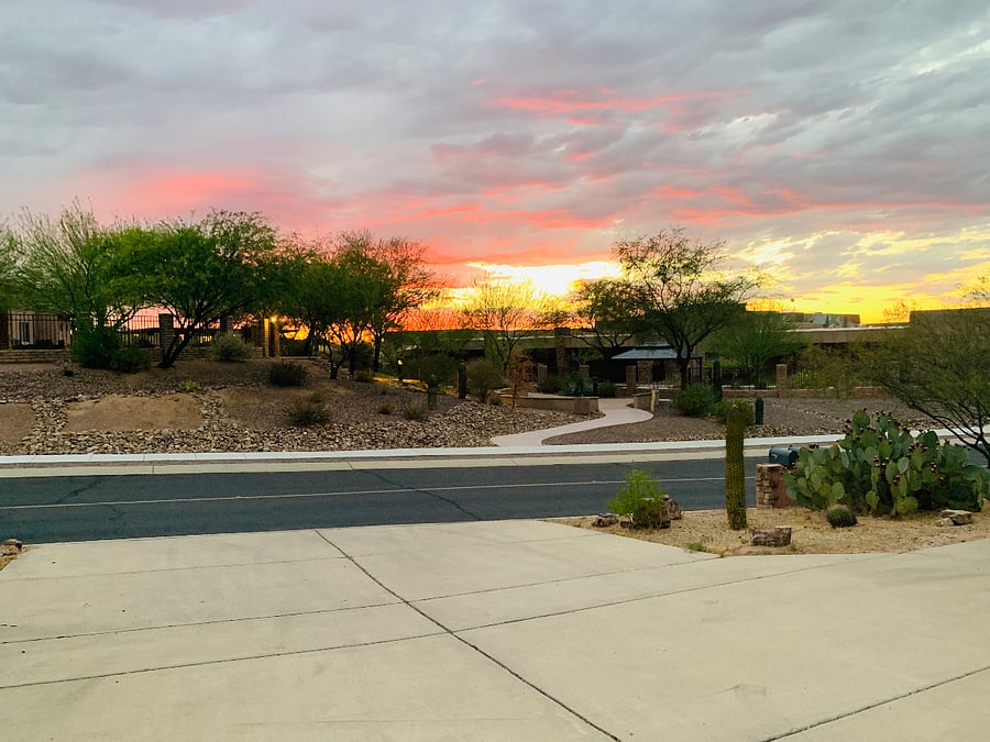 Front of our townhouse/driveway and stunning view of the sunset.