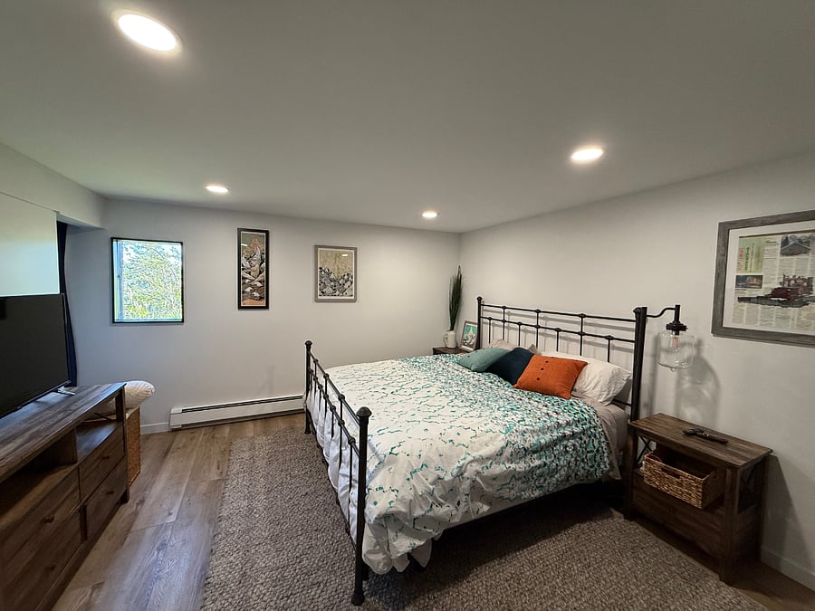 1st Bedroom on Lower Level. Attached to a Jack-and-Jill full bathroom so ideal for a guest bedroom or older child.