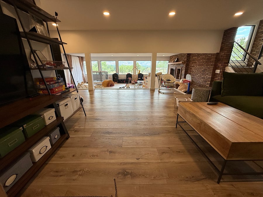 View from Lower Living Room down into Play / Fitness Room.